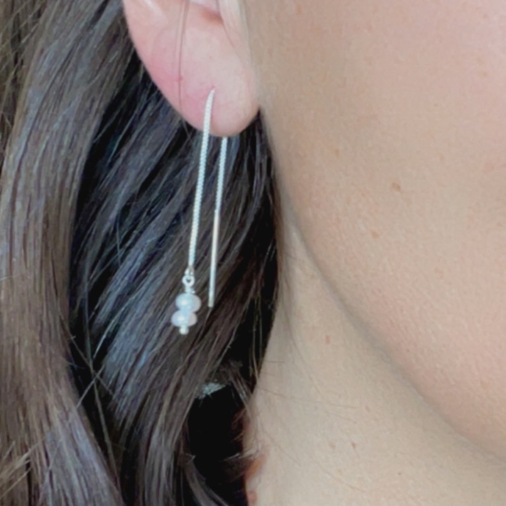Pearl Silver Threader Earrings Sterling and Freshwater Pearls - Picture 2 of 6